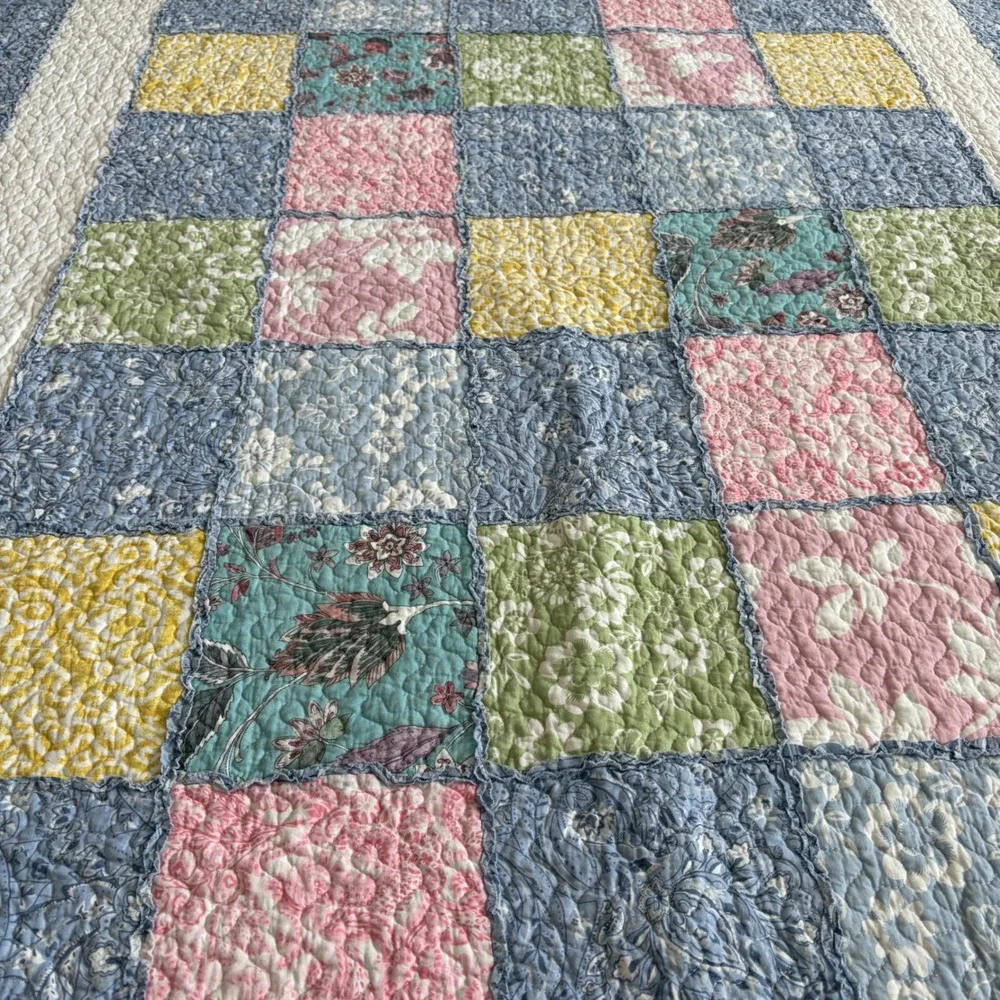 Vintage Patchwork Floral Paisley Rag Edge Quilt Blue Pink Yellow 82x60